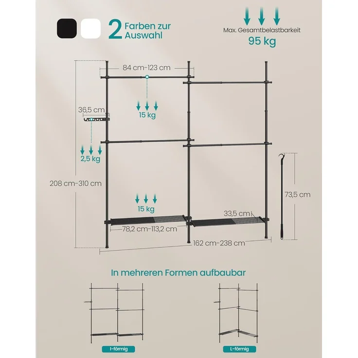 Songmics deckenhocher Kleiderständer, höhen- und breitenverstellbar, mit abnehmbaren Ablagen, Stahl / Kunststoff mattschwarz, 33,5 x (162-238) x (208-310) cm – Bild 7