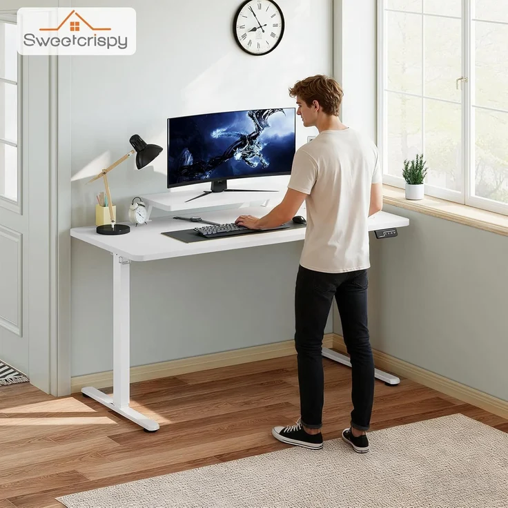 Sweetcrispy Höhenverstellbarer Schreibtisch mit Monitorständer, 120x60 cm Schreibtisch Höhenverstellbar Elektrisch, Ergonomischer Steh-Sitz Tisch, Computertisch Standing Desk, Weiß – Bild 8