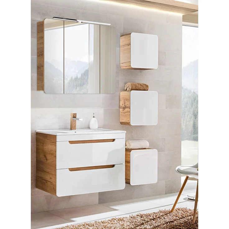 Badmöbel Set in Hochglanz weiß mit Wotan Eiche Nb. LUTON-56 mit LED-Spiegelschrank, B/H/T ca. 130/200/46 cm – Bild 1