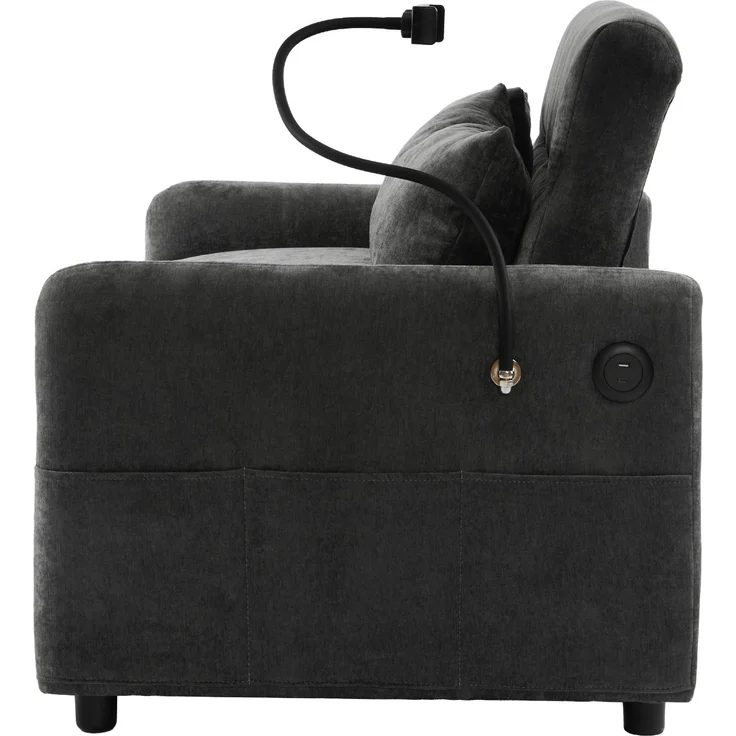 Ausziehbares Schlafsofa 2-Sitzer mit USB-Anschluss & verstellbarer Rückenlehne mit Kissen und Stauraumtaschen,multifunktionales,Grau – Bild 9