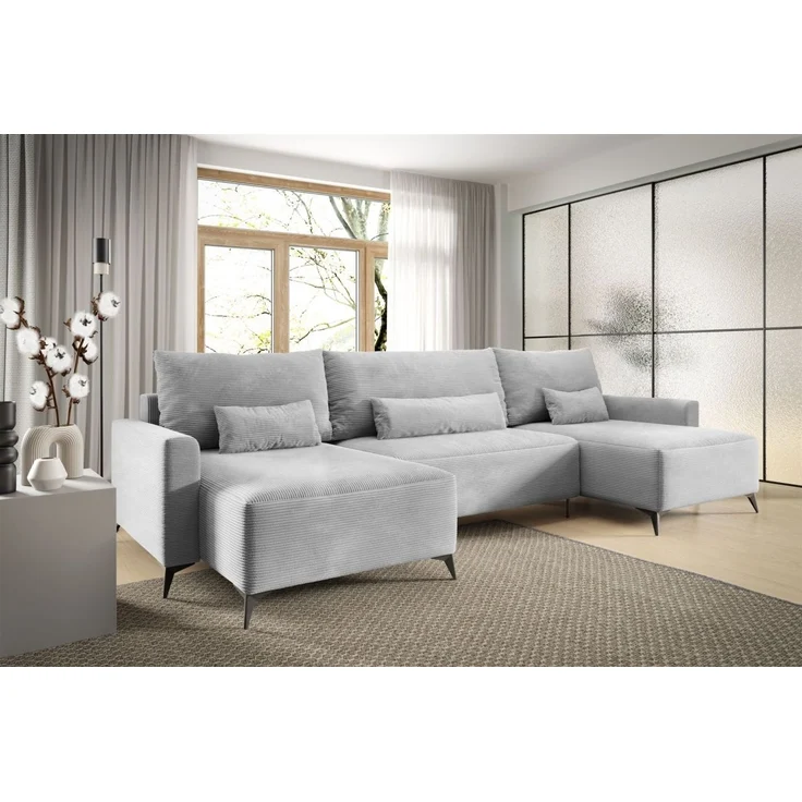 Wohnlandschaft mit Schlaffunktion SILVES Sofa U-Form Stoff Poso Hellgrau – Bild 1