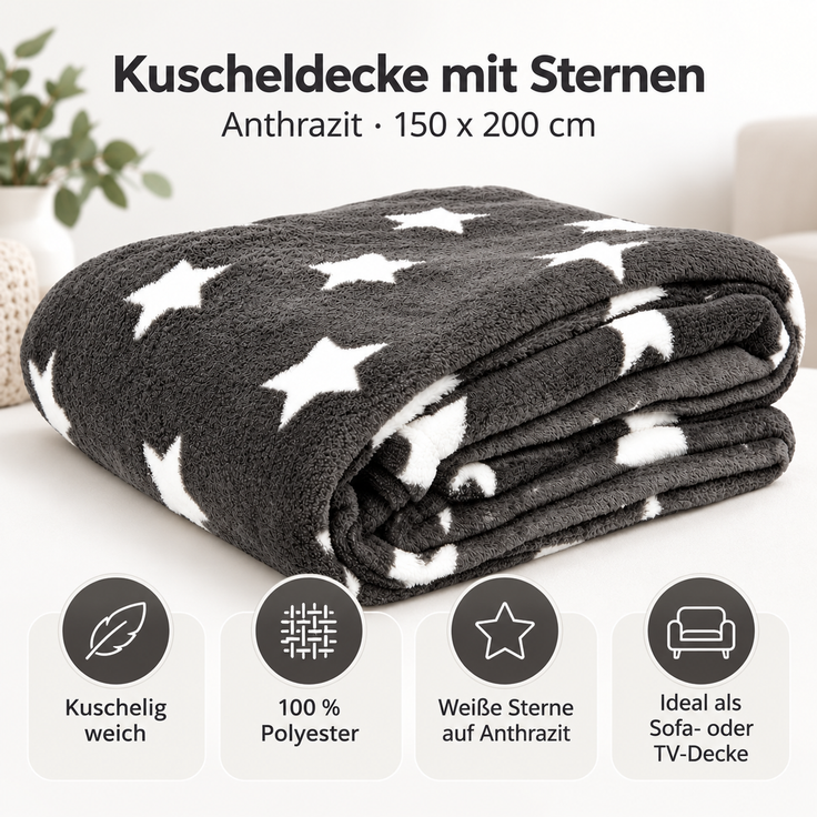 Kuscheldecke mit Sternen Anthrazit 150x200 cm – Bild 2