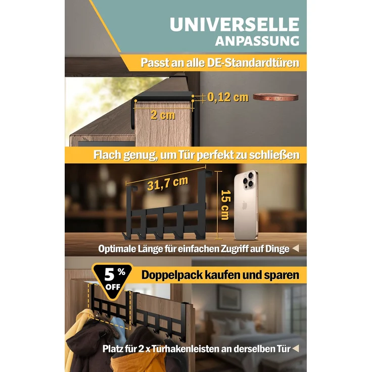 Aurelia Home Türgarderobe zum Einhängen, 5 Haken, Edelstahl, Schwarz – bis 30 kg – Bild 5