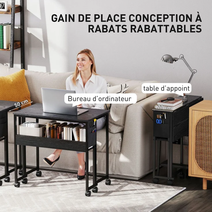 MELAYR, Klappbarer Schreibtisch auf Rollen, 80 x 50 cm, mit Ablage und Aufbewahrungstasche, Schwarz – Bild 6