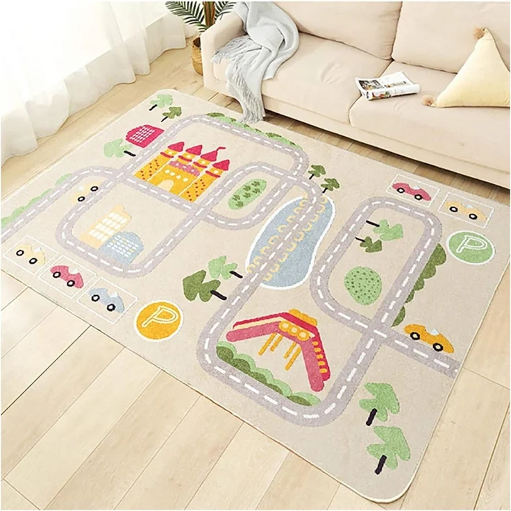 TYKTZXY Kinderteppich Spielen Teppich Straße Auto Tier Universum Blau Grün Grau(140×200cm,55×79inch) – Bild 1
