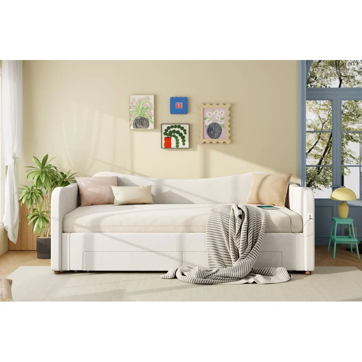 ZUBALIYA Schlafsofa 90 x 200 cm mit Schubladen, USB-Anschluss, gepolstertem Kopfteil, Samt, Beige – Bild 22