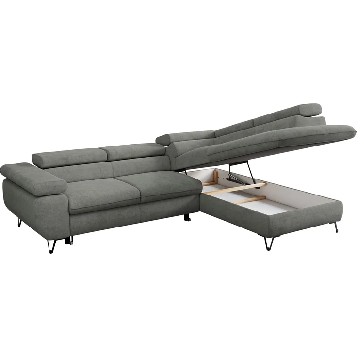Mks Möbel 'Peter L-form' Ecksofa mit Bettfunktion, Bettkasten & einstellbaren Kopfstützen, Grau, Stoff, mit Topper, rechts – Bild 5