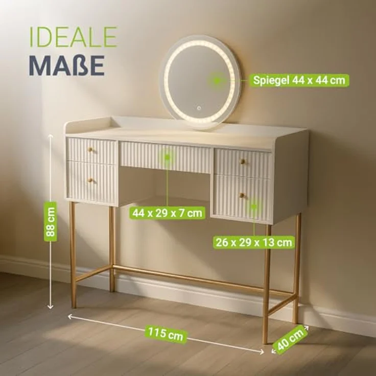 Juskys Schminktisch Samira mit Touch-LED-Spiegel, 5 Schubladen, viel Stauraum & elegantes Design für Schlafzimmer & Make-up – Weiß/Gold – Bild 6