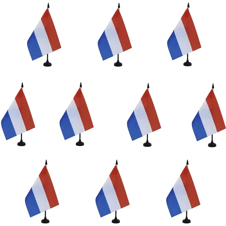 AZ FLAG 10 Stück Tischflagge Niederlande 21x14 cm – 10 kleine Hollandflaggen – Niederländische Büroflagge 100% Polyester mit 25 cm Fahne und Sockel aus schwarzem Kunststoff