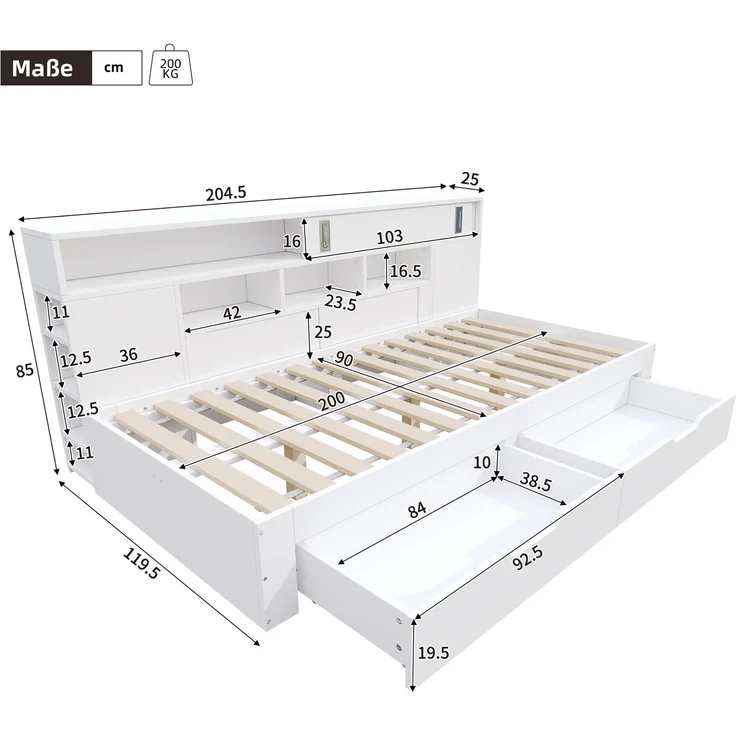 Multifunktionales Daybed mit Schubladen, Schrank, Regalen und Stauraum, 204,5 x 119,5 x 85 cm, Weiß, ohne Matratze – Bild 10