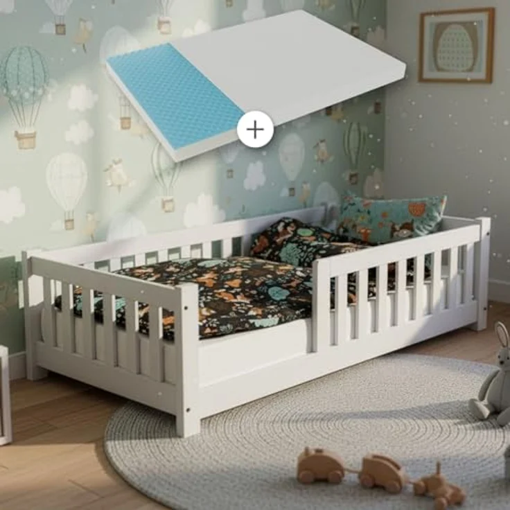 Juskys 'Naya' Kinderbett - mit Matratze, Rausfallschutz & Lattenrost - Bodenbett für Kinder 3 -10 Jahre - Holz Weiß, 80x160 cm – Bild 2