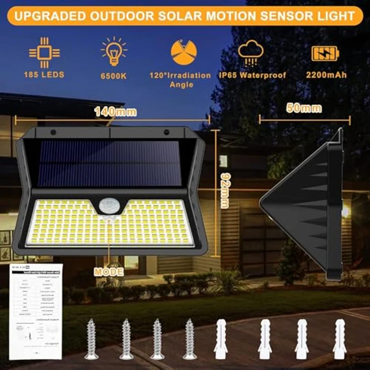 OUILA Solarlampen für Außen Wand【8 Stück】, 185 LED 3 Modi Solar Aussenleuchte mit Bewegungsmelder, IP65 Wasserdichte LED Solar Wandleuchte, Garten, Hof, Zaunbeleuchtung, Haustüren（Kaltes Weiß） – Bild 8