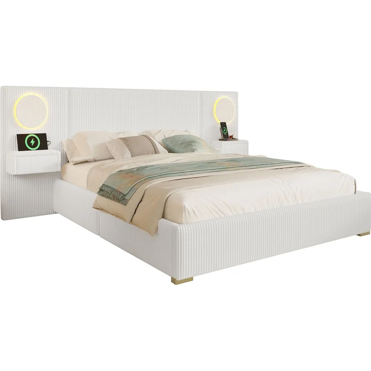 U-life Samtstoff Polsterbett 180x200 cm, fürs Schlafzimmer, USB-Anschlüssen, Samt, Beige – Bild 5