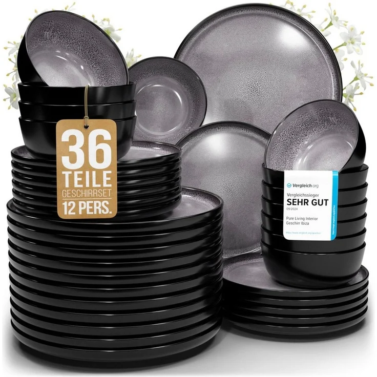 Steingut Geschirrset 12 Pers. Ibiza 36-tlg Hochwertiges Mediterranes TEST SEHR GUT Steingut Geschirr Set - Schüssel- und Teller Set - Tafelservice 12 Personen Geschirrsets Pure Living in Grau – Bild 1