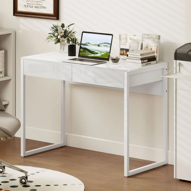 Schreibtisch mit 2 Schubladen, Computertisch 100 x 50 cm, moderner Schreibtisch mit Stahlgestell, für kleine Räume, Hochglanzweiß – Bild 4