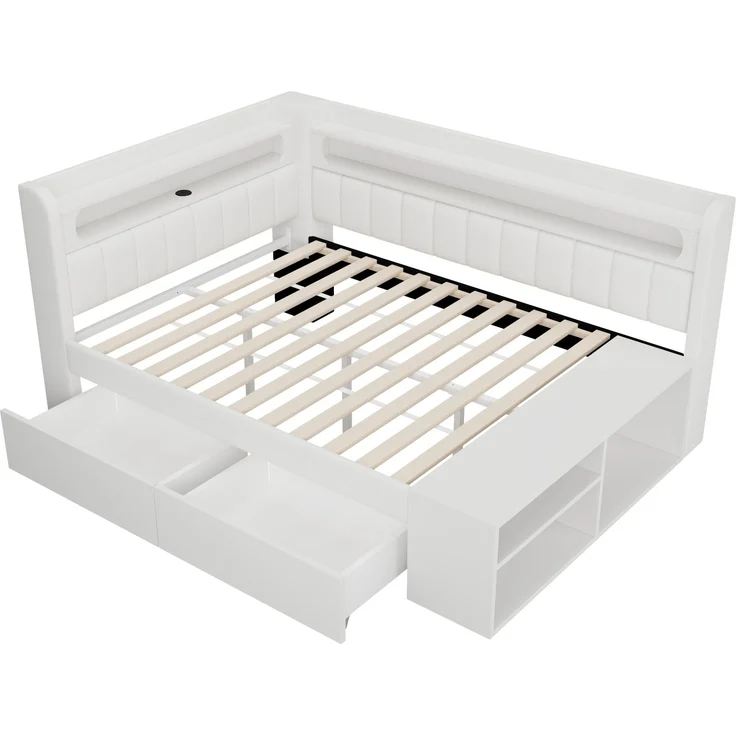 Merax Kinderbett, Einzelbett, Schlafsofa 90x200cm mit USB-Anschluss und LED-Lichtleiste, inklusive Schuhschrank und zwei Schubladen, weiß – Bild 9