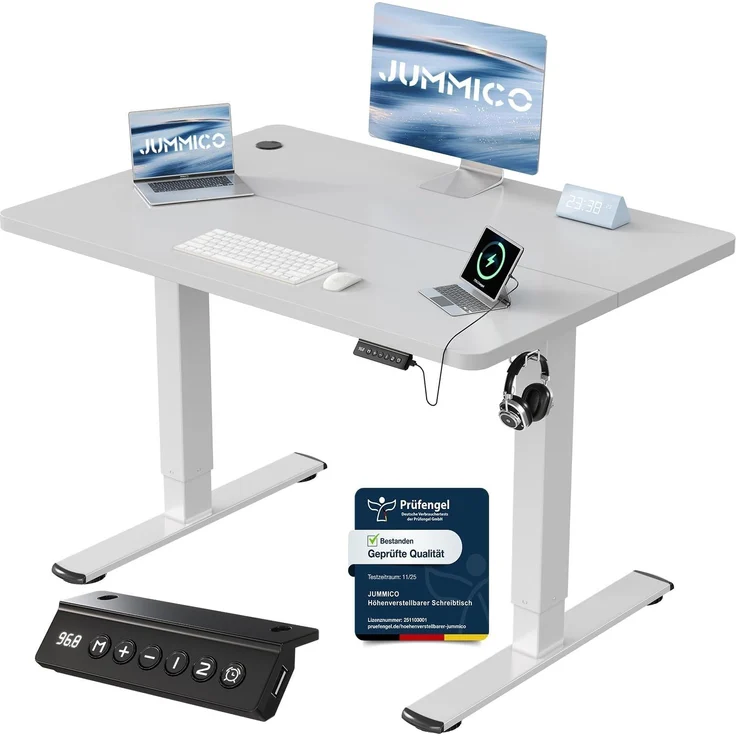 JUMMICO Schreibtisch elektrisch höhenverstellbar mit USB-Ladeanschluss, Grau, 100x60 cm