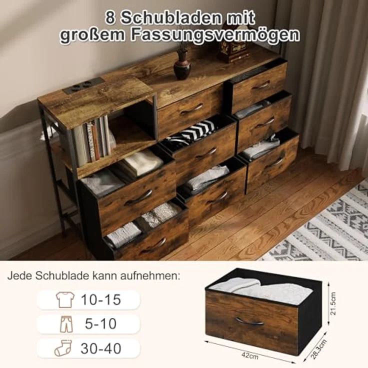 Woltu Kommode (1 St), mit 8 Schubladen Steckdosen, Metallrahmen Holzwerkstoff – Bild 5