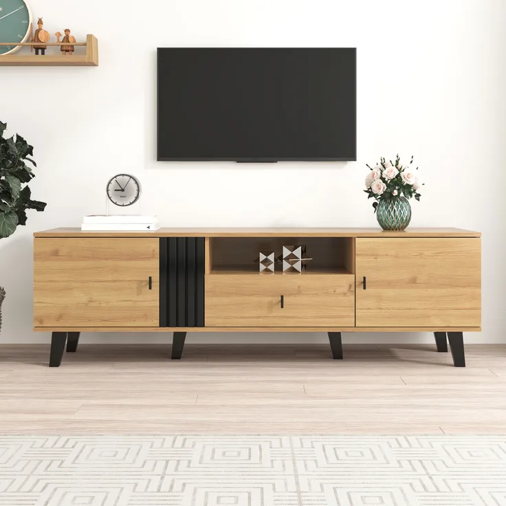 TV-Lowboard aus Spanplatte mit Glas, 2 Türen & Schublade, 170x40x50,5 cm, Natur/Schwarz