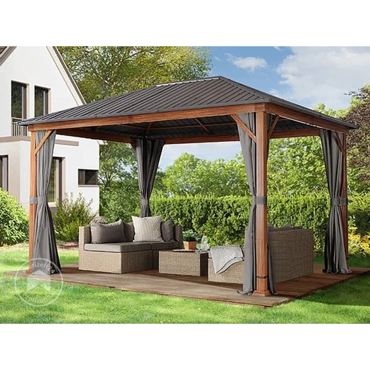 Gartenpavillon 3x4 m Holzoptik, Stahldach Hardtop 4 Seitenteile in grau – Bild 1