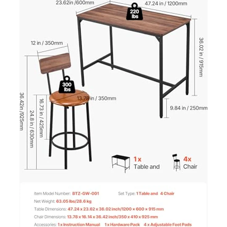 VEVOR Bartisch-Set (5-TLG.) mit 4 Barstühlen & abgerundeten Kanten, rechteckiger Kneipentisch Stehtisch (1200 x 600 x 915 mm), Bistrotisch Esstisch, geeignet für Büro Minibar Esszimmer Wohnzimmer – Bild 3