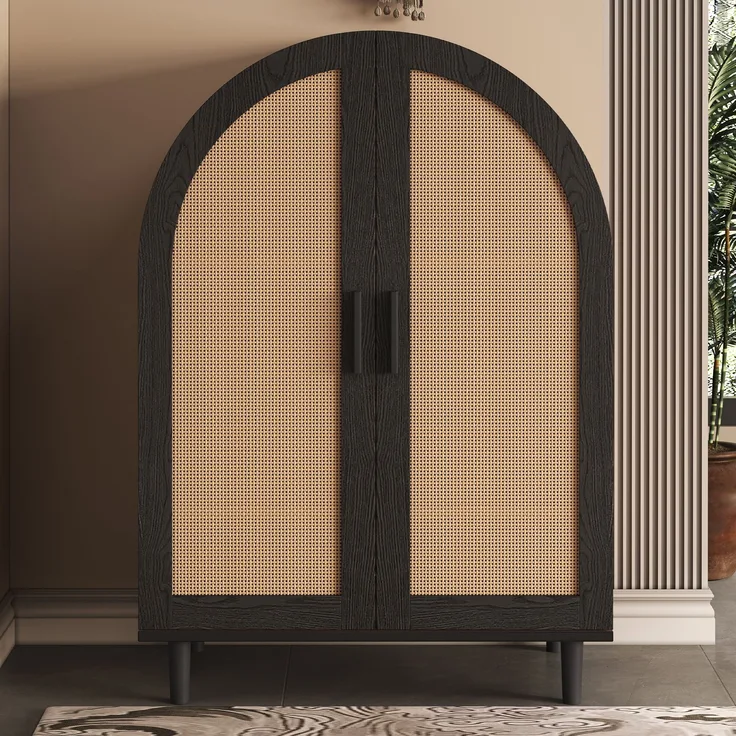 Schuhschrank/Sideboard mit Rattantüren & Metallgestell, 70x40x100 cm, Natur/Schwarz