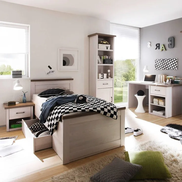4 tlg. Jugendzimmer Kombination LUND-78 im Landhaus Design in Pinie weiß Nb. /Trüffel Eiche Nb.
