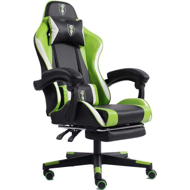 Gaming Chair im Racing-Design mit flexiblen gepolsterten Armlehnen - ergonomischer PC Gaming Stuhl in Lederoptik - Gaming Schreibtischstuhl mit ausziehbarer Fußstütze und extra Stützkissen Schwarz/Grün-Weiß