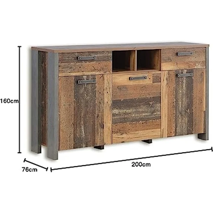 Forte Clif Esstisch ausziehbar, Holzwerkstoff, Old-Wood Vintage 160-200 x 76,6 x 90 cm & Clif Kommode mit 3 Türen und 2 Schubkästen, Dunkelgrau, 156,4 x 86,3 x 41,6 cm – Bild 3