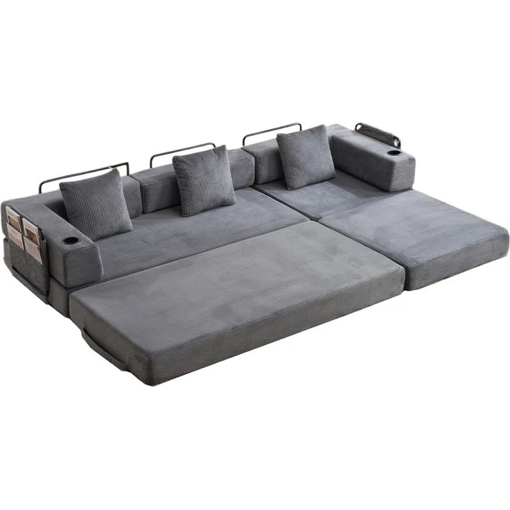 Schlafsofa aus Cordstoff, klappbar mit Getränkehaltern, 277,5x92,5x60 cm, Dunkelgrau – Bild 8
