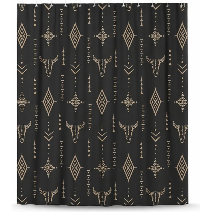 Duschvorhang im Western- und Indianer-Stil, wasserdicht und schimmelresistent, Schwarz-Beige, 120 x 180 cm