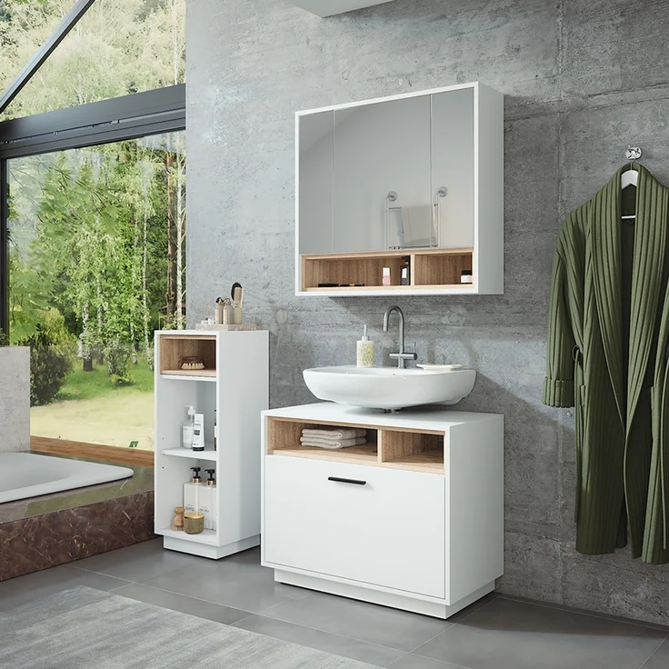 Badmöbel-Set Beatrice Weiß/Sonoma 3 Teile mit Midischrank Vicco – Bild 3