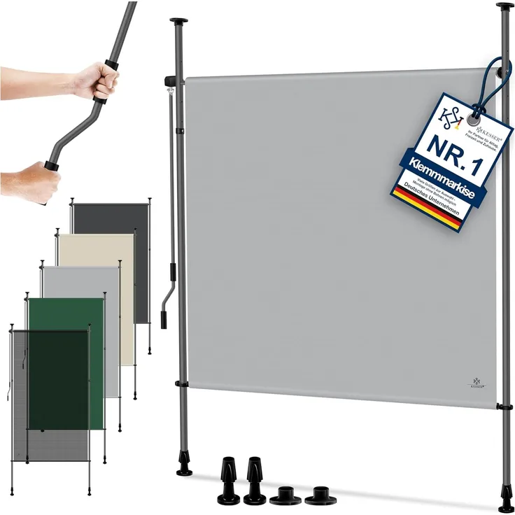 KESSER® Klemmmarkise Senkrechtmarkise außen Ausziehbar & Blickdicht | Vertikalmarkise mit Handkurbel ohne Bohren | Balkon-Sichtschutz & Windschutz für Garten & Terrasse Wasserfest Grau, 100 x 310 cm