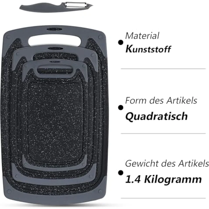 ROTTOGOON Schneidebrett Kunststoff Set mit Saftrille für Küche, Schwarz | BPA-freie Kunststoff-Schneidebretter, Spülmaschinenfest, Rutschfesten Füßen, mit Griff – Bild 4