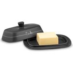 KHG Butterdose Anthrazit Grau Keramik Steingut poliert mit Griff für 250g Butter, Butter Box mit Beschriftung, Butter Behälter zur Aufbewahrung, mit Deckel-Griff