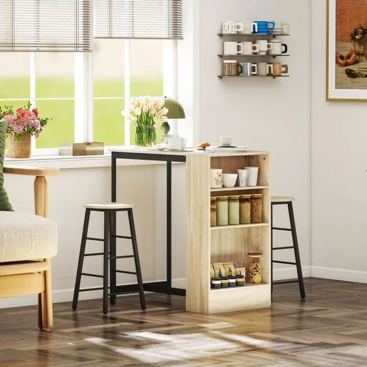 Bartisch mit Barhocker Set, 3-tlg, Bartisch-Set mit Küchentisch, Stauraum, 2 Hocker, Fußstützen, im Modern-Stil, Platzsparend Essgruppe für Esszimmer, Küche, Stahl, Eiche--Schwarz--91x49x91cm--YOUDENOVA – Bild 7