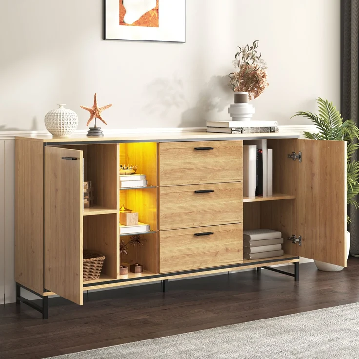 Sideboard modern mit LED Lichteffekt, 160 x 40 x 85 cm,Aufbewahrungsschrank mit 16 Farben, verstellbaren Regalen & Eisenfüßen – Bild 3