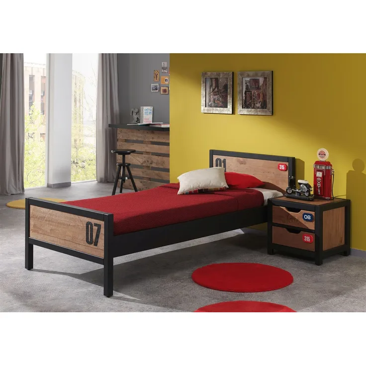 Alex Set best. aus Einzelbett 90 x 200 cm mit Lattenrost und Nachtkonsole, Ausf. Kiefer gebürstet Rahmen schwarz