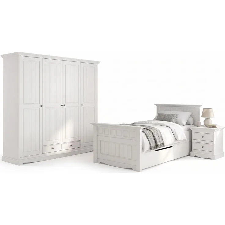 Schlafzimmer-Set Belluno Elegante 4-teilig 90x200cm Massivholz Ausführung weiß Kiefer weiß lackiert