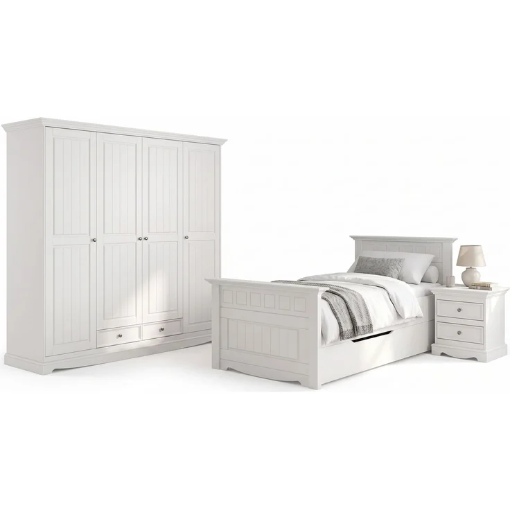 Schlafzimmer-Set Belluno Elegante 4-teilig 90x200cm Massivholz Ausführung weiß Kiefer weiß lackiert