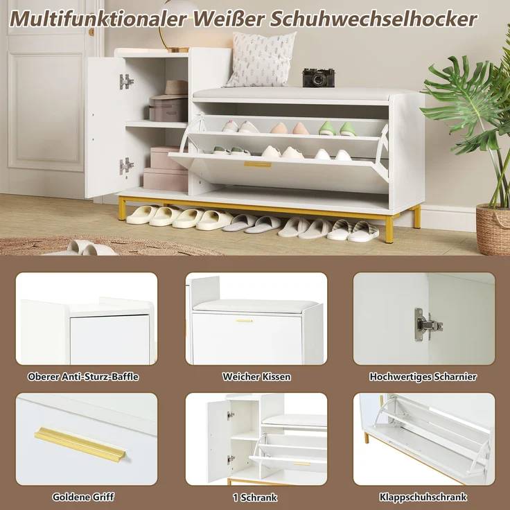 Schuhschrank mit Sitzbank Weiß/Gold, 100x38x68 cm, Hochglanz mit herunterziehbarem Schuhregal – Bild 7