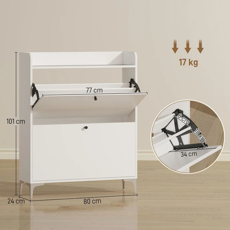 Mobiler Schuhschrank „Slim“ mit 2 Klappschubladen und verstellbaren Einlegeböden, aus Holz und Metall, 80 x 24 x 101 cm, Weiß – Bild 5