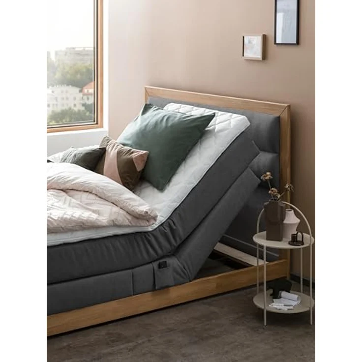 Belanoti Boxspringbett MODELA (Boxspringbett 180x200 elektrisch verstellbar Bett 180x200 mit Motor, 7-Zonen Taschenfederkern Matratze inklusive Visco Topper), in der Farbe Anthrazit H2/H3 Polsterbett Motorbett mit Eiche – Bild 7