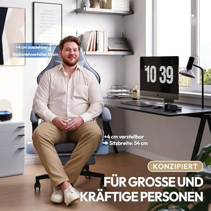 Dowinx Gaming Stuhl Tasche Frühling Kissen, Atmungsaktiver Bürostuhl aus Hochwertigem Stoff, Ergonomischer PC-Stuhl mit Kopfstütze, Drehbarer Schreibtischstuhl mit Fußstütze (Grau) – Bild 5