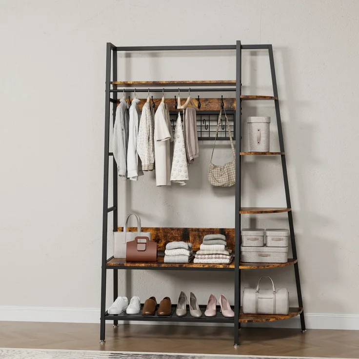 Freistehende, offene Garderobe im Industriestil mit Ablagen – Retro-braune Hängegarderobe für Schlafzimmer, Wohnzimmer und Homeoffice – Multifunktionale Aufbewahrung für Kleidung und Schuhe – Schwarz + Braun – 118 x 41,5 x 183 cm – YOUDENOVA