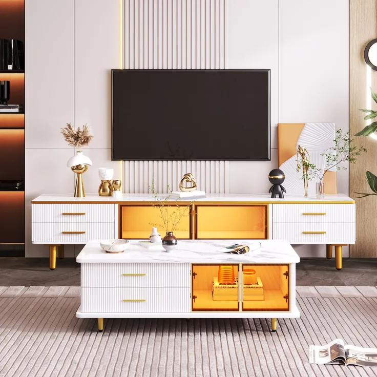 JARDJ Couchtisch, TV-Schrank, modulare Wohnzimmermöbel, Tür aus gehärtetem Glas, Rahmen aus Aluminiumlegierung, Schubladen mit Wellenstruktur, goldene Griffe und Beine, Tischplatte mit Marmorstruktur