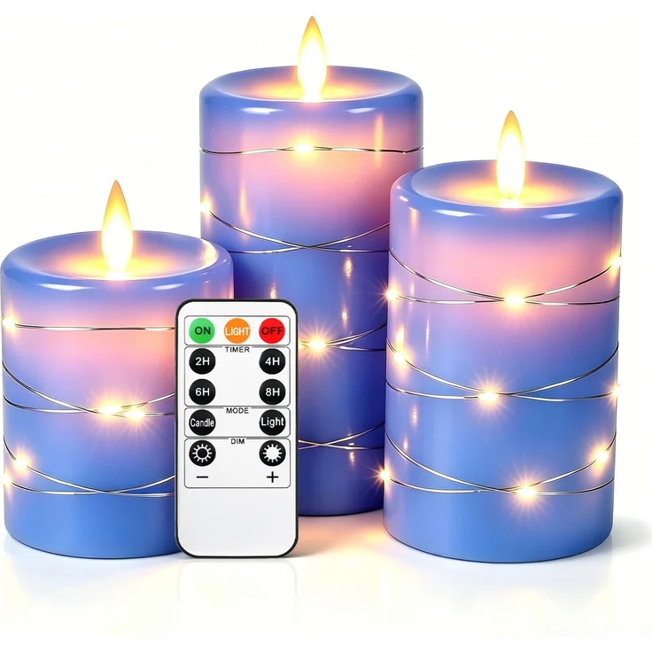 Da by 3 Stück Blau Paraffin LED Kerzen mit Kupferlichtkette, Realistische Flackerflamme, Batteriebetriebene Premium Kerzen mit Fernbedienung, Wiederverwendbar für Wohn- und Festdekoration
