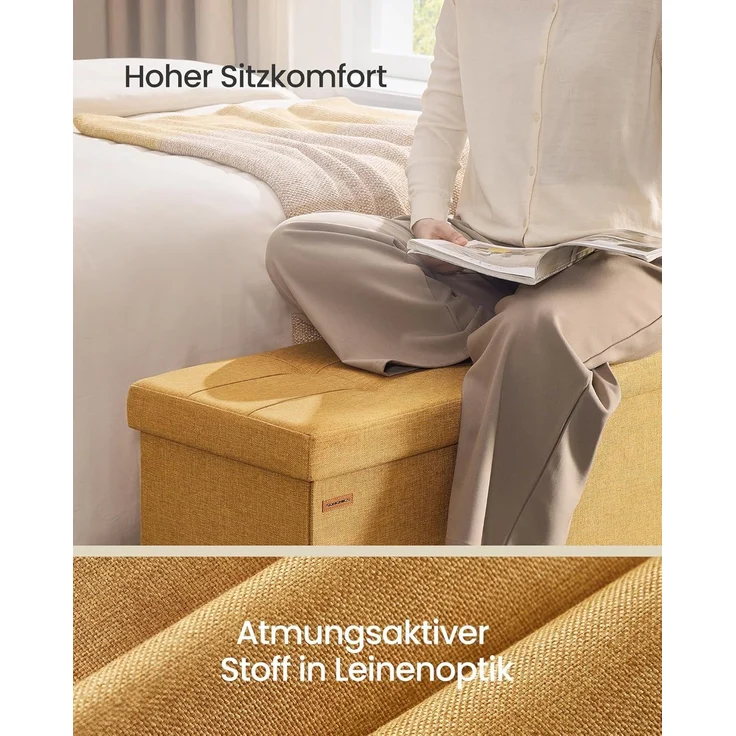 SONGMICS Sitzhocker mit Stauraum, klappbare Sitzbank, 38 x 110 x 38 cm Fußbank, Aufbewahrungsbox, bis 300 kg belastbar, für Wohnzimmer Schlafzimmer Flur, ingwergelb – Bild 4