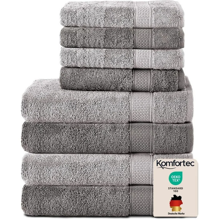 Komfortec 8er Handtuch Set aus 100% Baumwolle, 4 Badetücher 70x140 und 4 Handtücher 50x100 cm, Frottee, Weich, Towel, Groß, Anthrazit/Silber – Bild 1