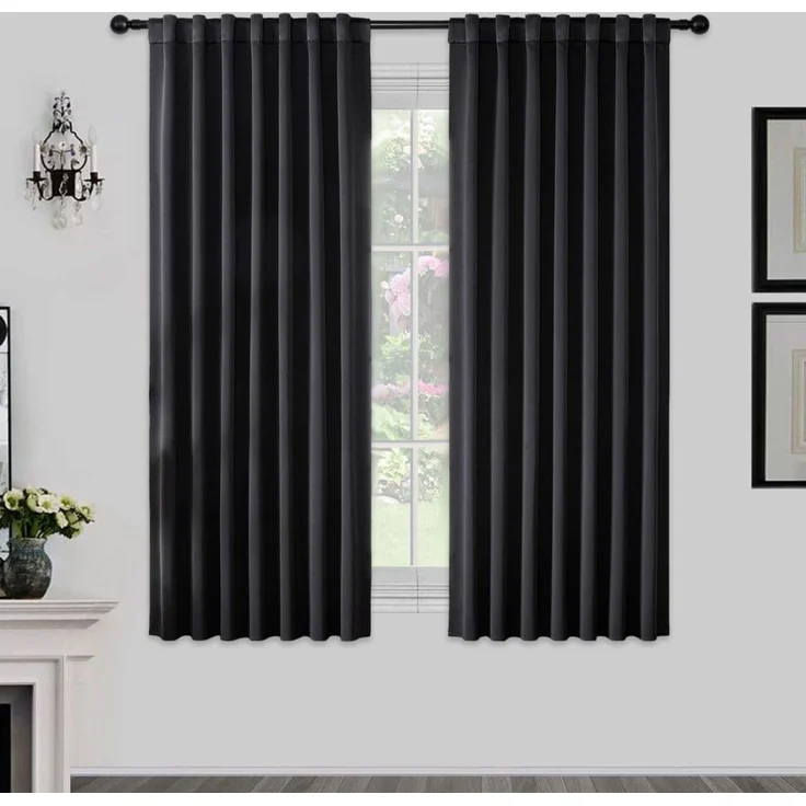 Joydeco Schlaufen Verdeckten Vorhänge 2er Set,H 175 x B 140 Schwarz Verdunkelung Blackout Blickdicht Kurze Polyester Vorhang Stangendurchzug Gardinen Schlafzimmer Wohnzimmer Curtains